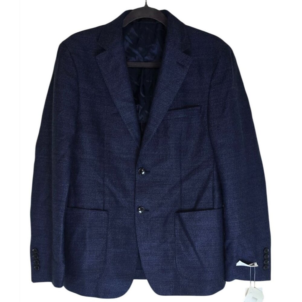 Calvin Klein Mens Slim Fit Navy Herringbone Blazer Two-Button Style 385 Short